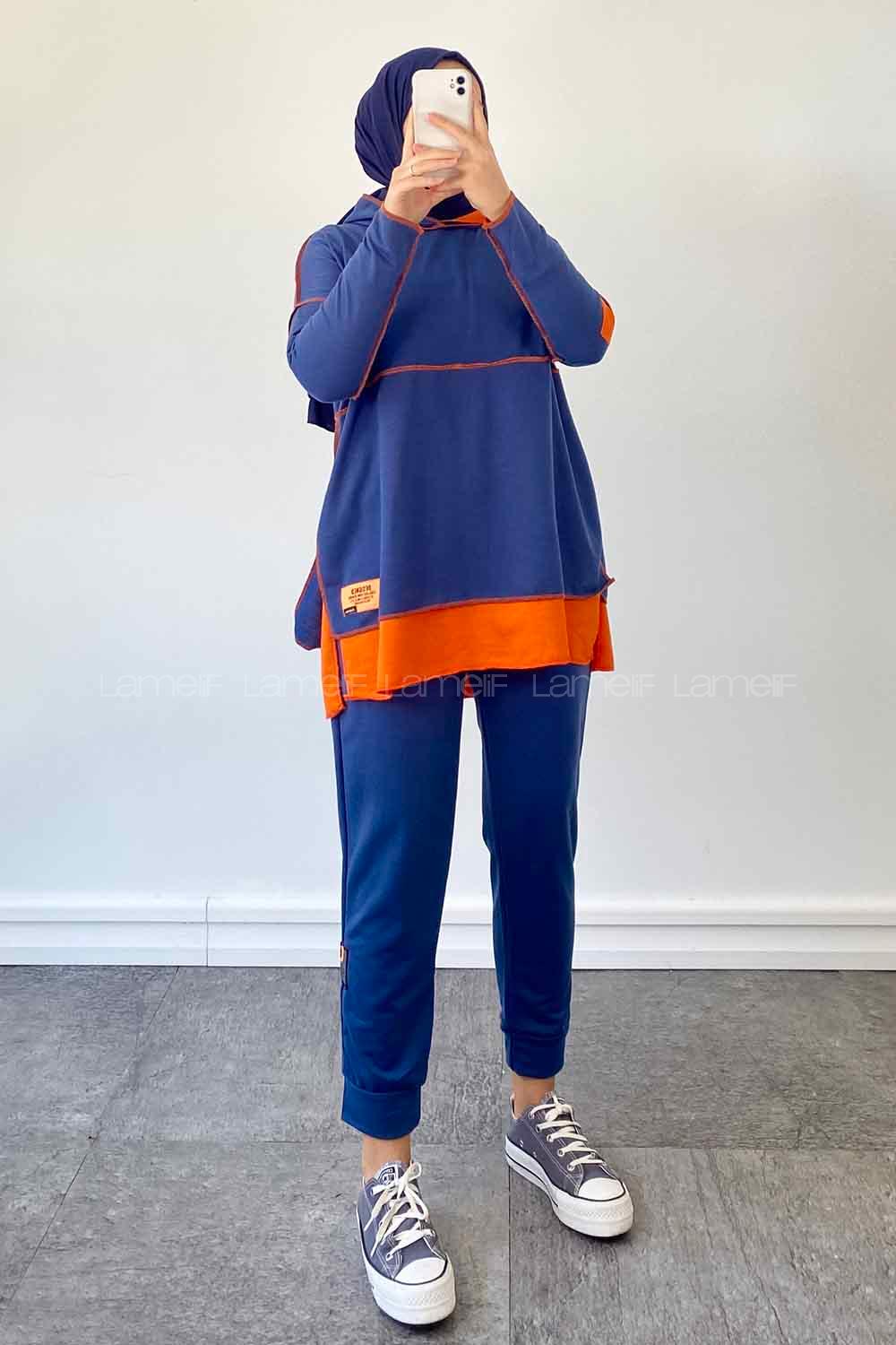 Indigo Hood Neck Long Arm Cotton Fabric Regular Trousers Suit