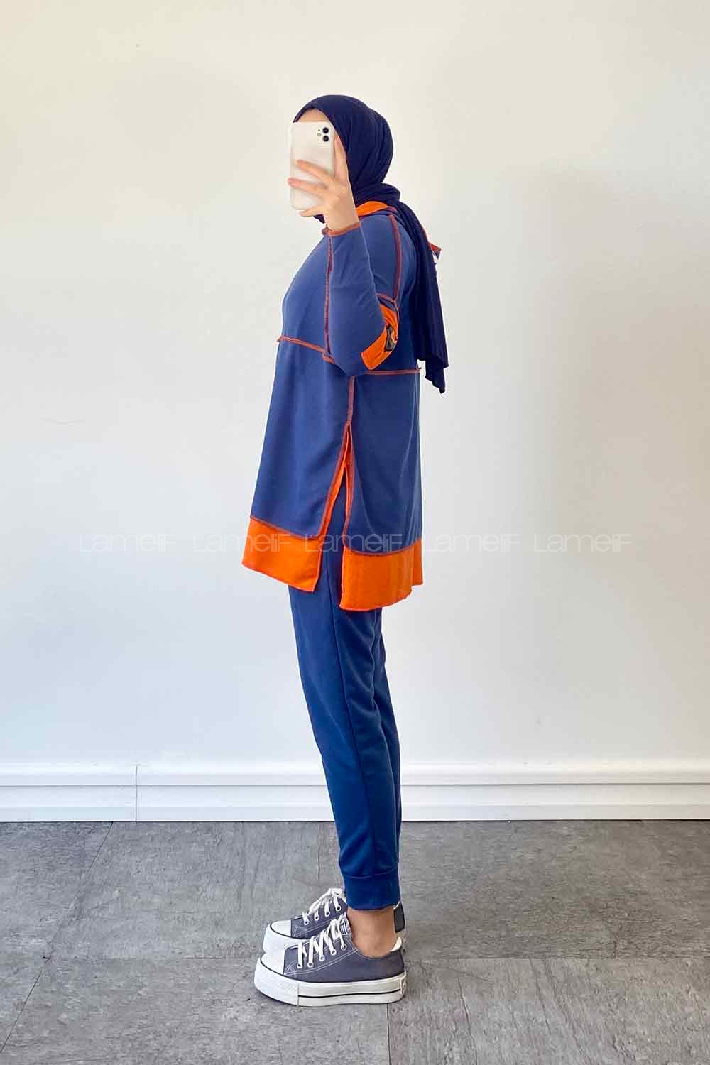 Indigo Hood Neck Long Arm Cotton Fabric Regular Trousers Suit