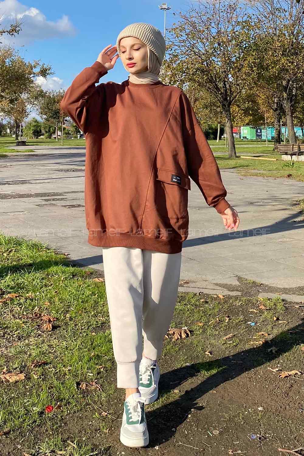 Brown Crew Neck Cotton Fabric Unprinted Tunic