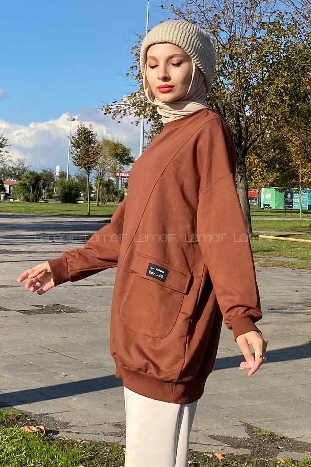 Brown Crew Neck Cotton Fabric Unprinted Tunic