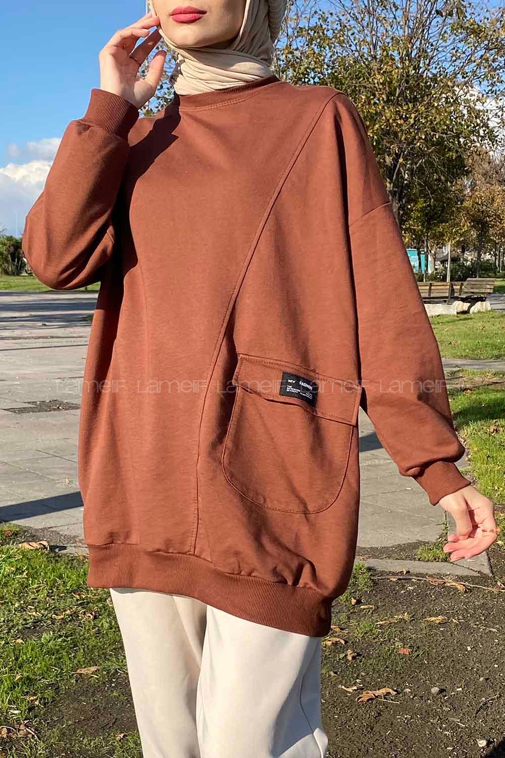 Brown Crew Neck Cotton Fabric Unprinted Tunic