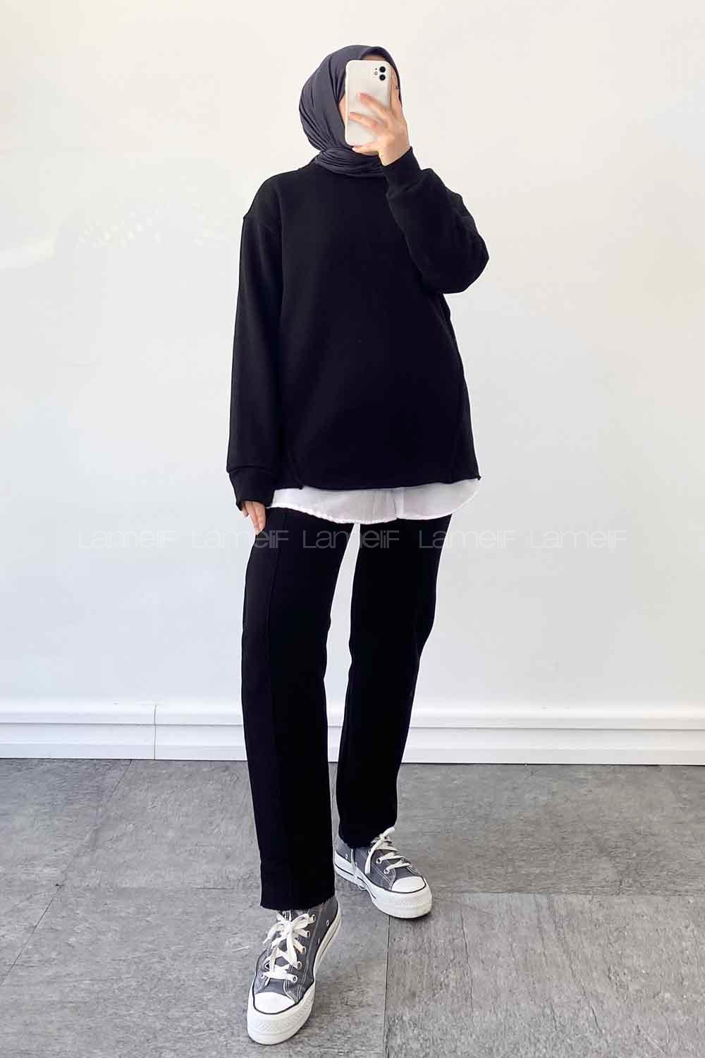 Black Medium Crew Neck Long Arm Cotton Fabric Regular Trousers Comfortable Suit