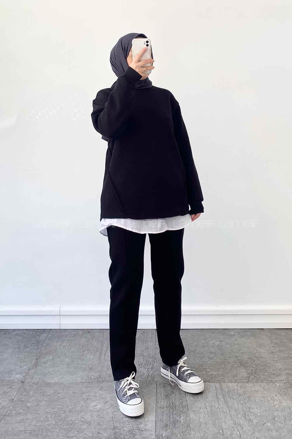 Black Medium Crew Neck Long Arm Cotton Fabric Regular Trousers Comfortable Suit