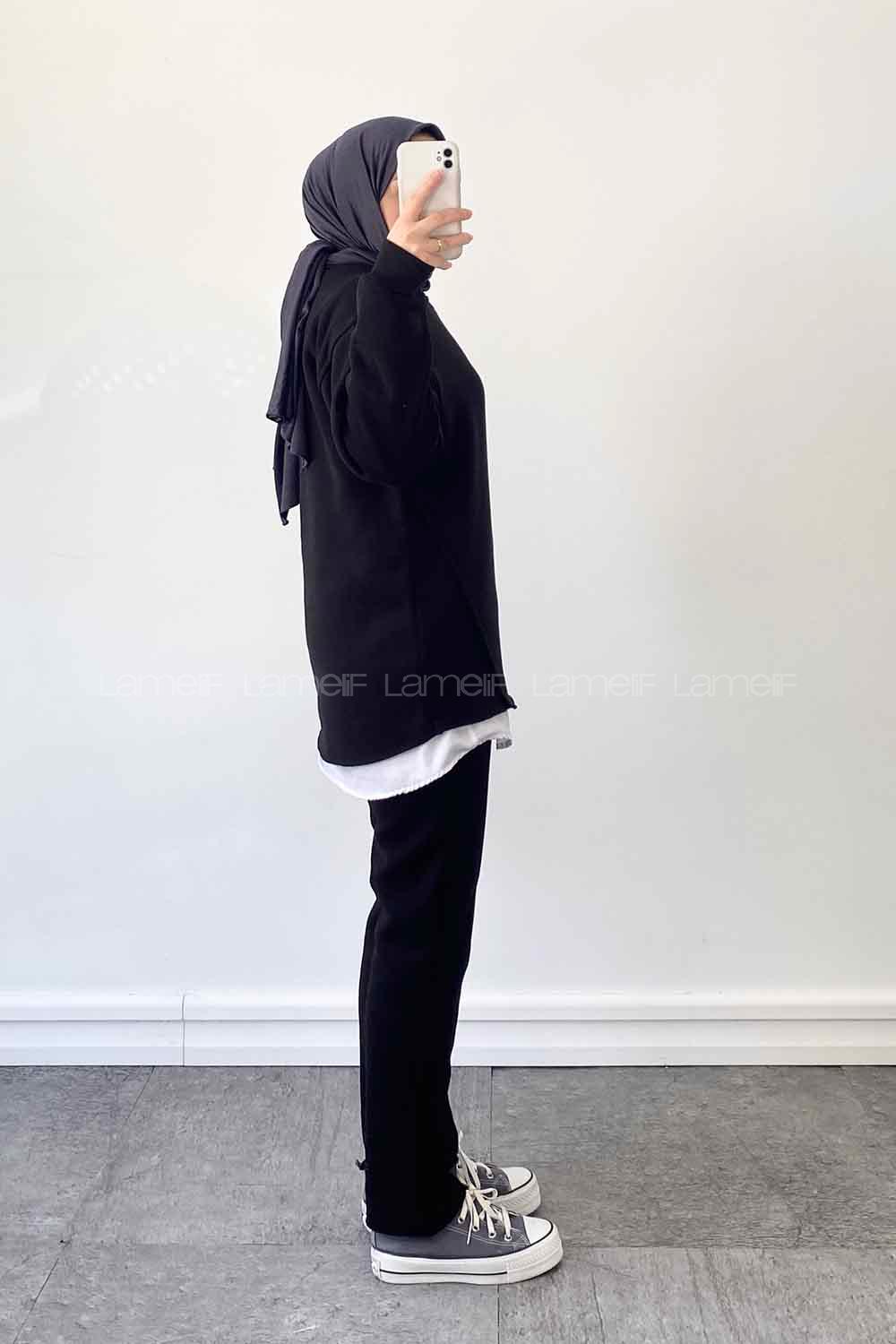 Black Medium Crew Neck Long Arm Cotton Fabric Regular Trousers Comfortable Suit