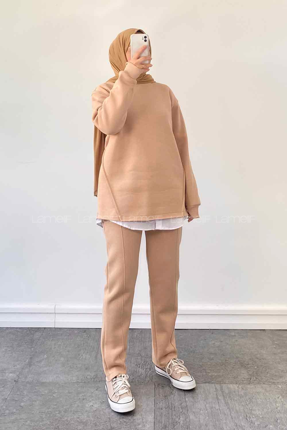 Brown With Milk Medium Crew Neck Long Arm Cotton Fabric Regular Trousers Comfortable Suit