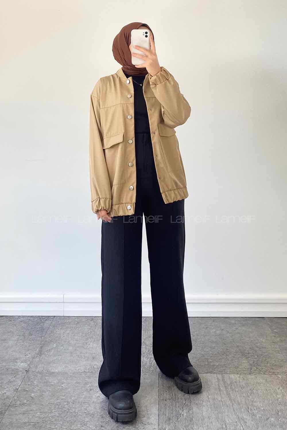 Beige Mandarin Collar Long Arm Cotton Jacket