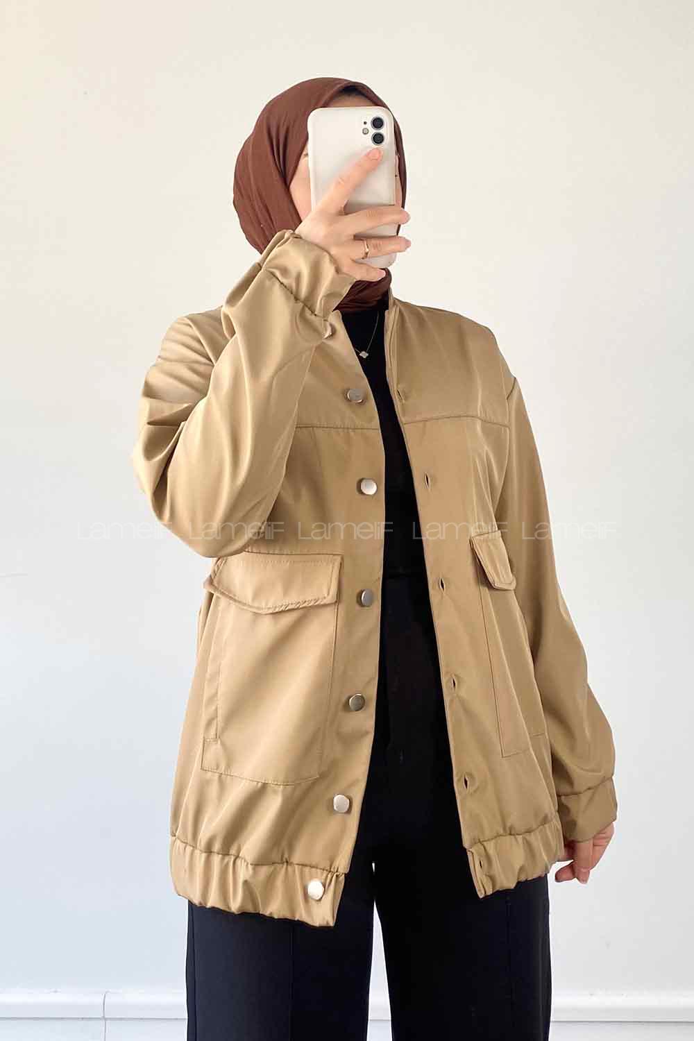 Beige Mandarin Collar Long Arm Cotton Jacket