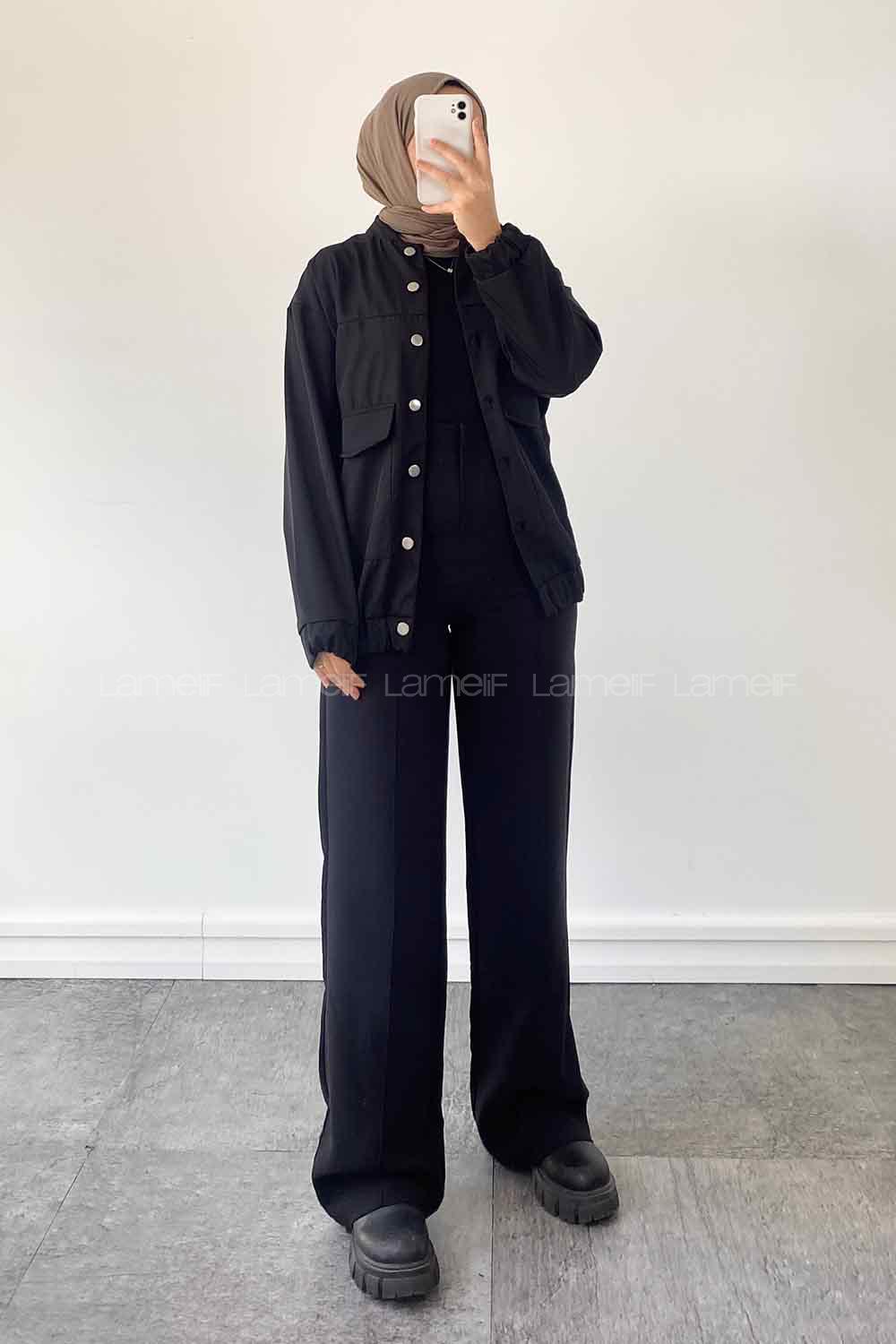 Black Mandarin Collar Long Arm Cotton Jacket