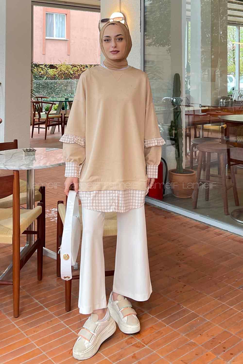 Beige Medium Crew Neck Cotton Fabric Unprinted Tunic