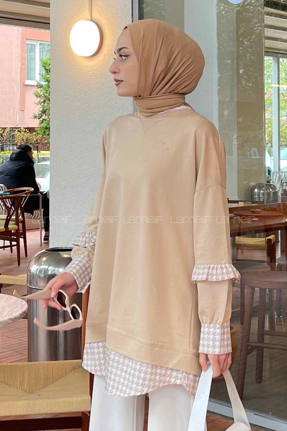 Beige Medium Crew Neck Cotton Fabric Unprinted Tunic