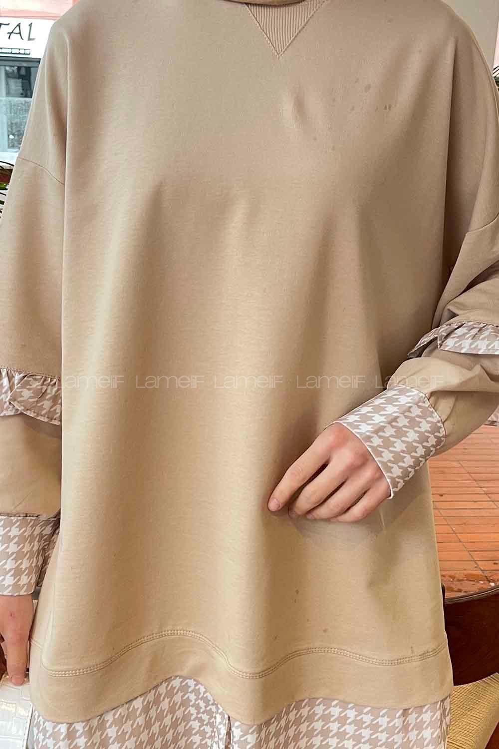 Beige Medium Crew Neck Cotton Fabric Unprinted Tunic