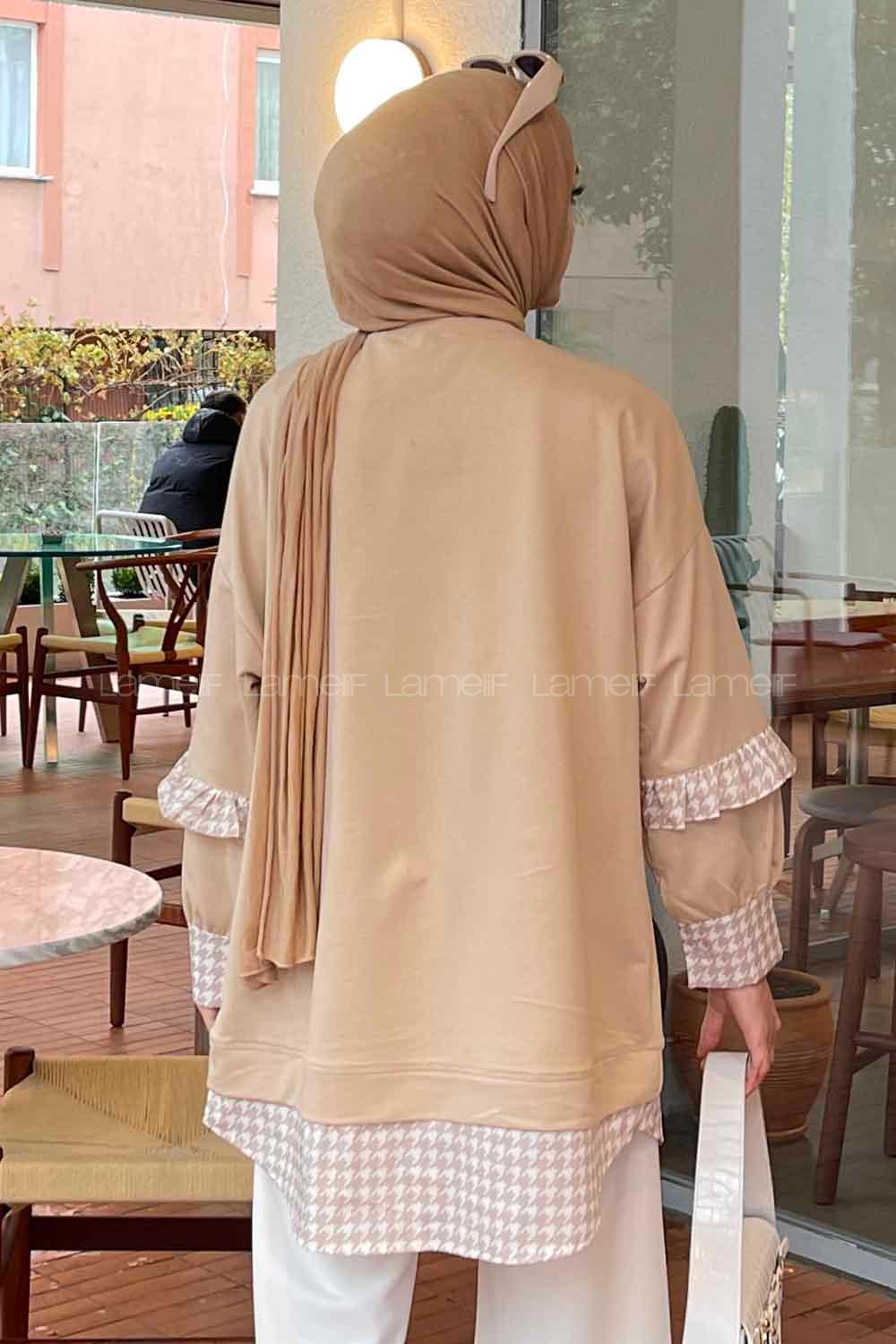 Beige Medium Crew Neck Cotton Fabric Unprinted Tunic