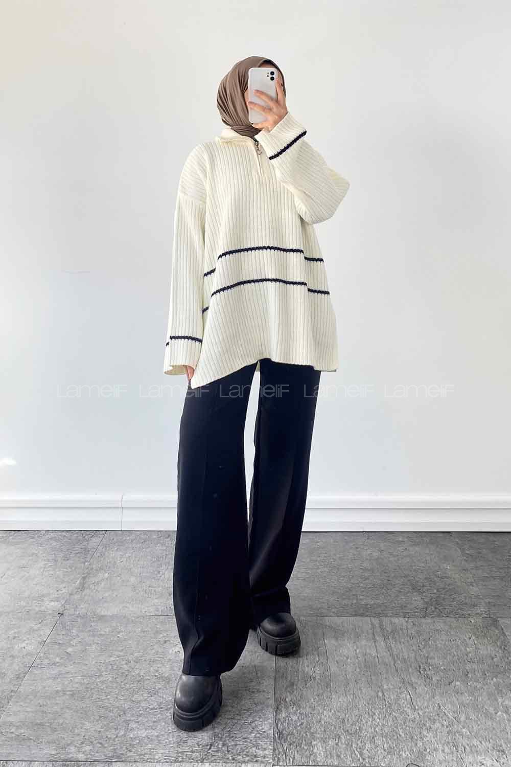 Ecru Zippered Neck Knitwear Tunic