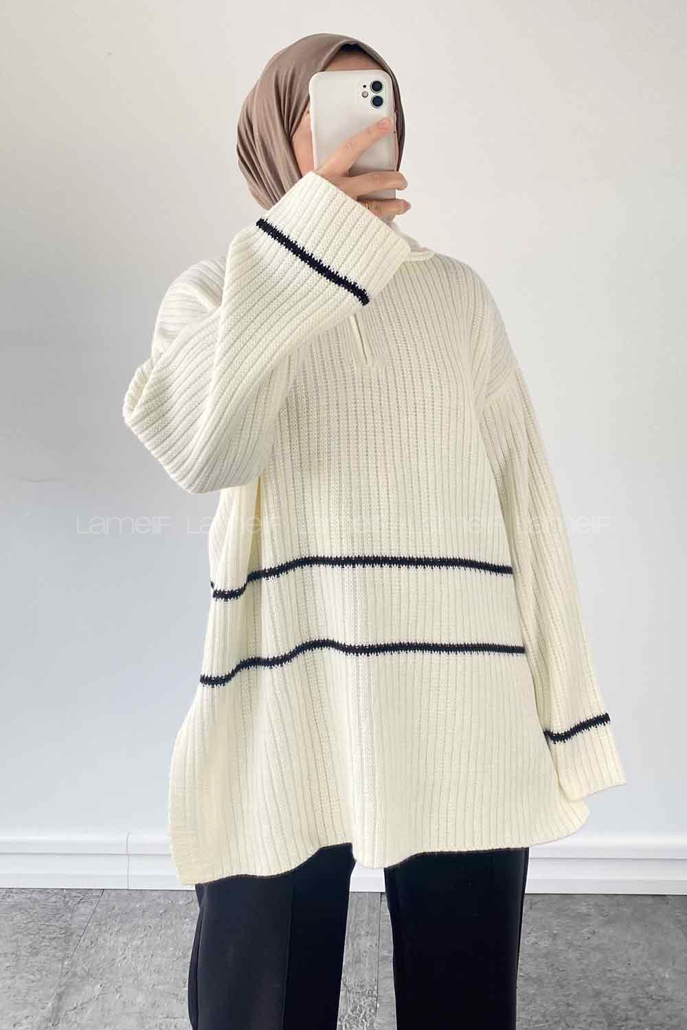 Ecru Zippered Neck Knitwear Tunic