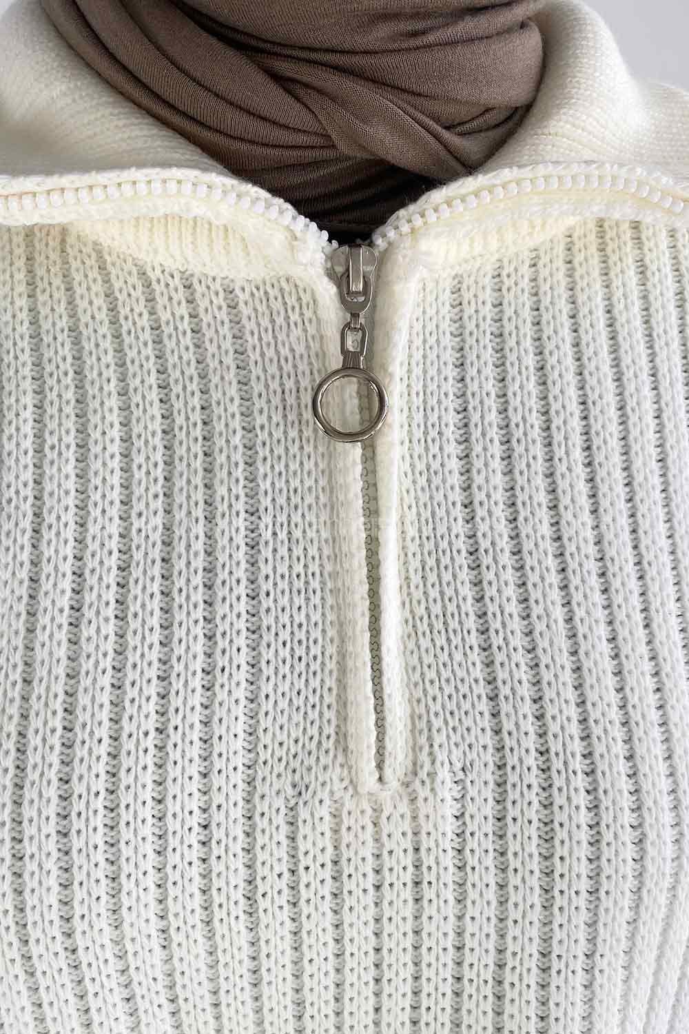 Ecru Zippered Neck Knitwear Tunic