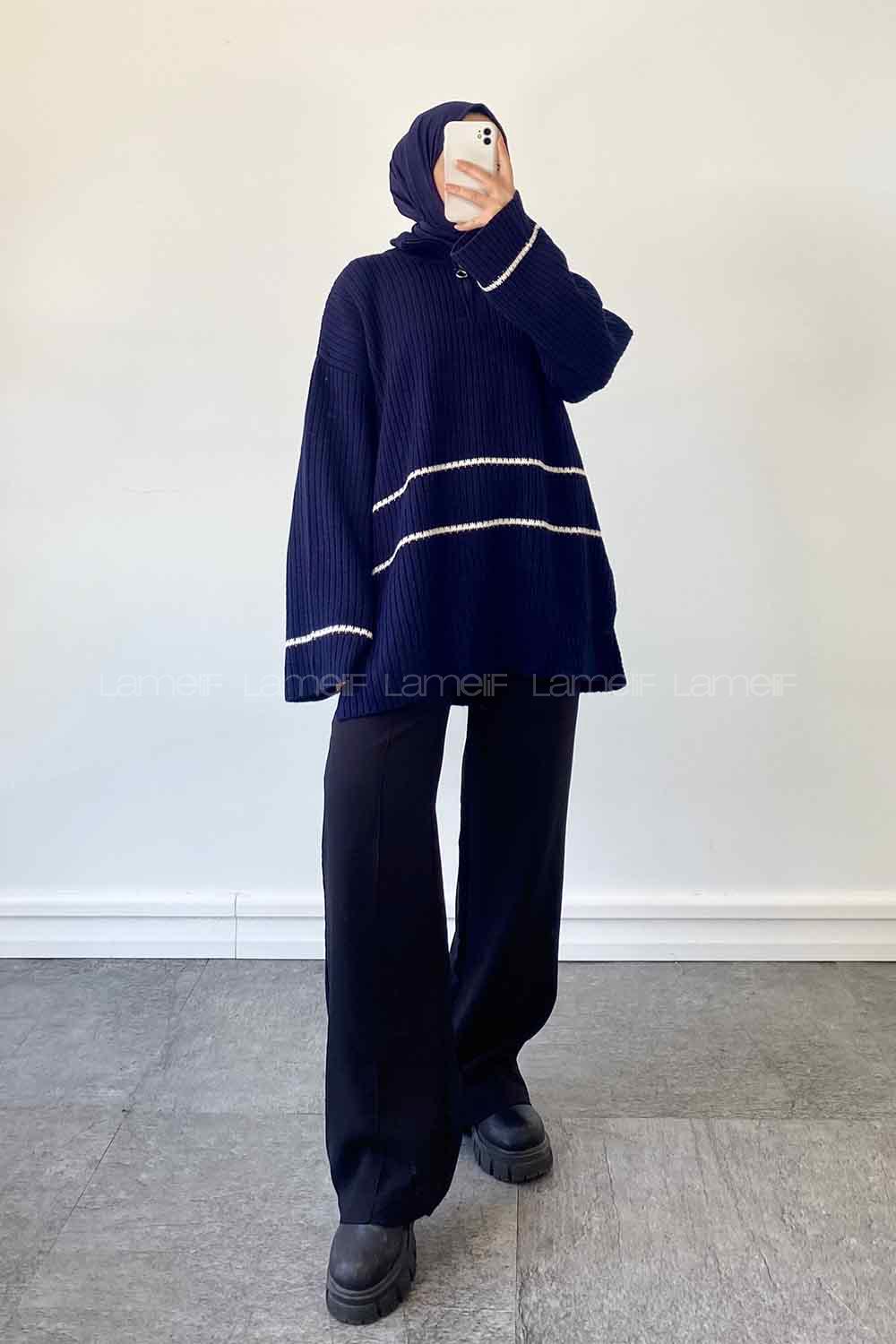 Navy Blue Zippered Neck Knitwear Tunic