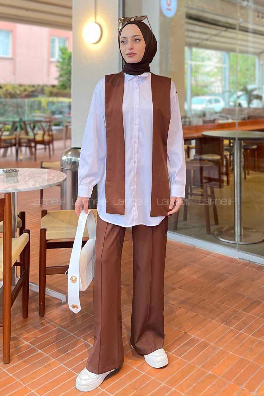 Modalamelif Fularlı Garnili Gömlek Kahverengi