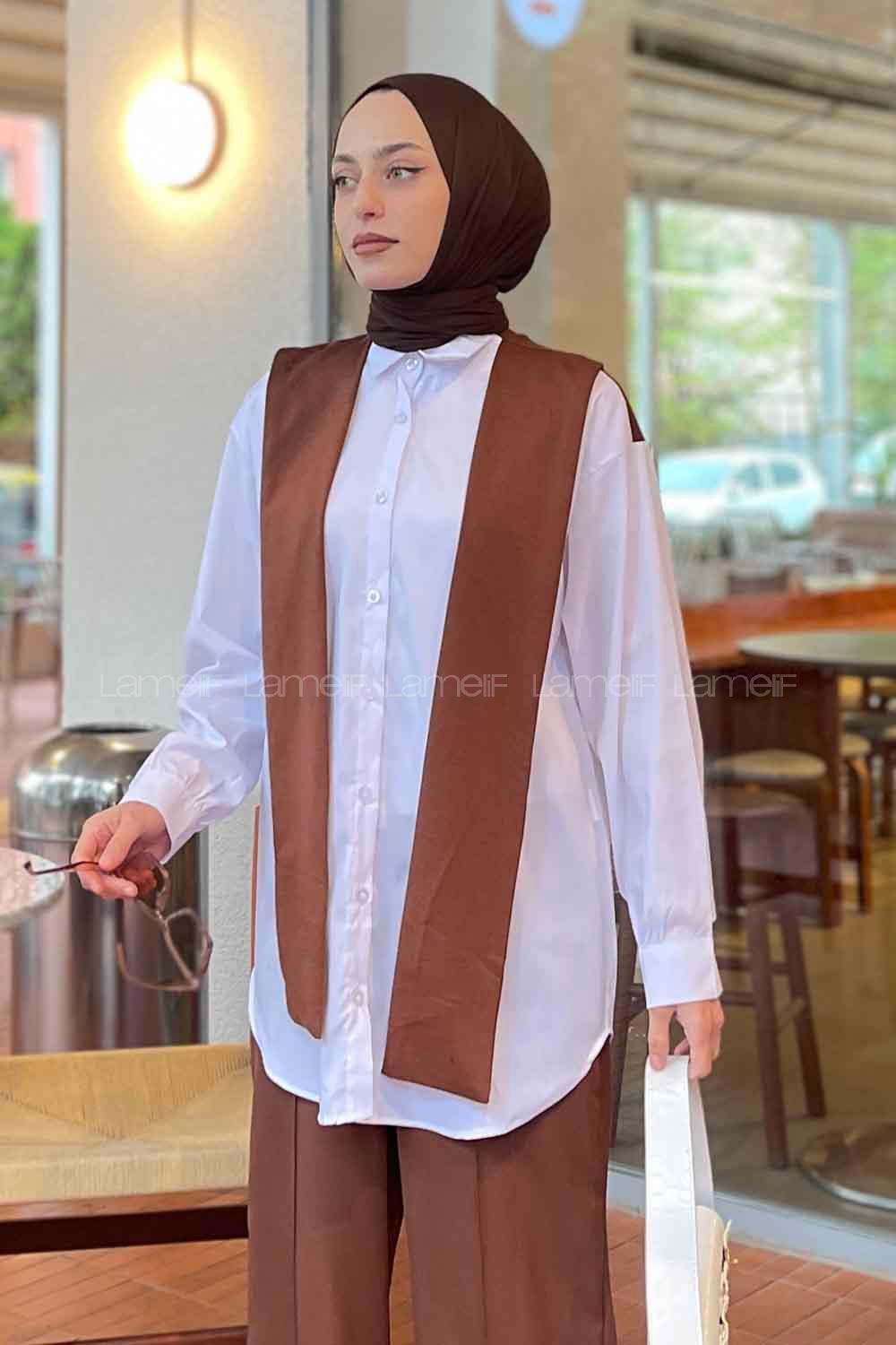 Modalamelif Fularlı Garnili Gömlek Kahverengi