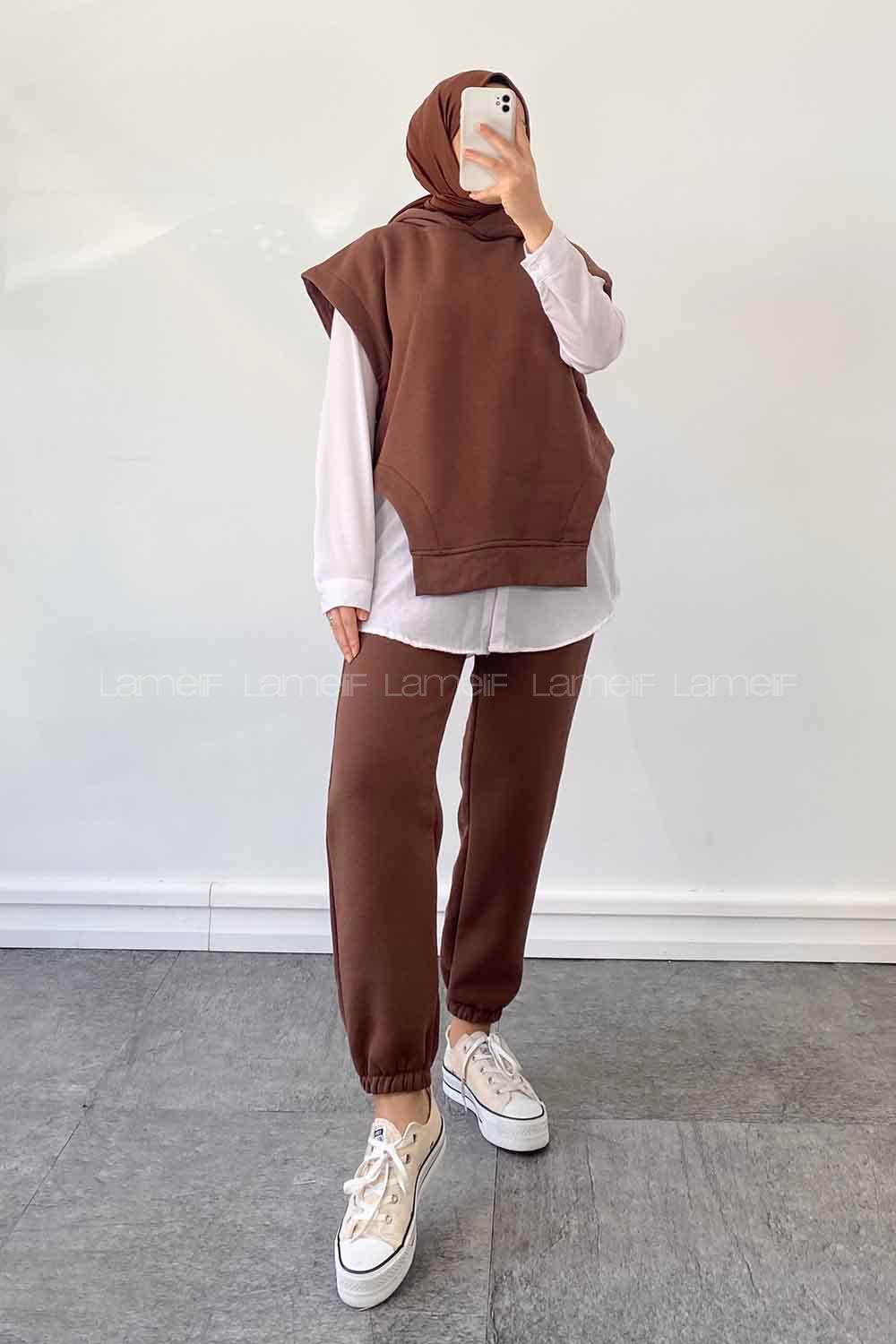 Bitter Brown Hood Neck Zero Arm Cotton Fabric Elastic Trousers Comfortable Suit