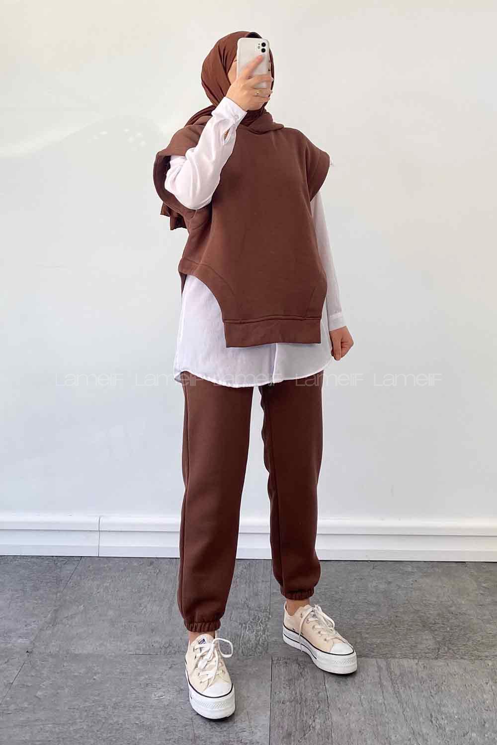 Bitter Brown Hood Neck Zero Arm Cotton Fabric Elastic Trousers Comfortable Suit