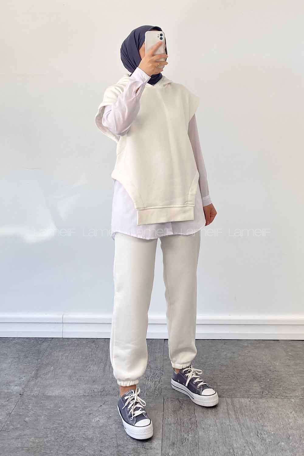 White Hood Neck Zero Arm Cotton Fabric Elastic Trousers Comfortable Suit