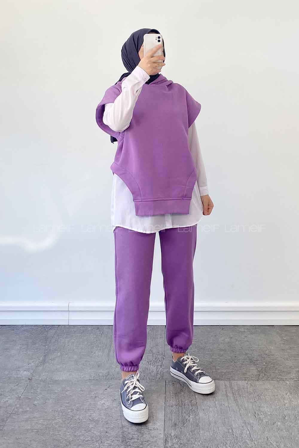 Purble Hood Neck Zero Arm Cotton Fabric Elastic Trousers Comfortable Suit