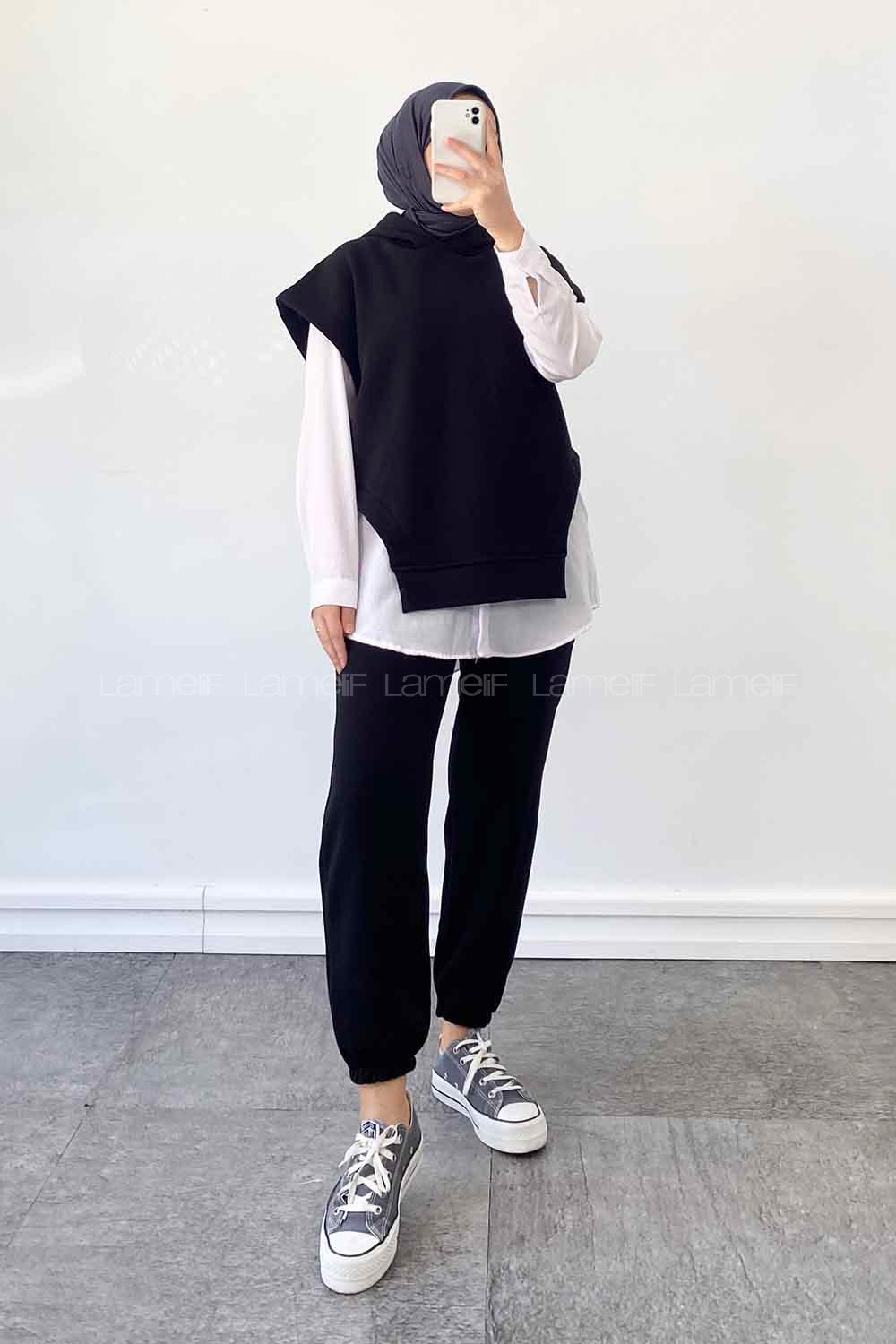 Black Hood Neck Zero Arm Cotton Fabric Elastic Trousers Comfortable Suit