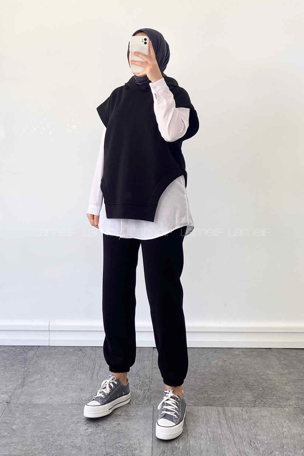 Black Hood Neck Zero Arm Cotton Fabric Elastic Trousers Comfortable Suit