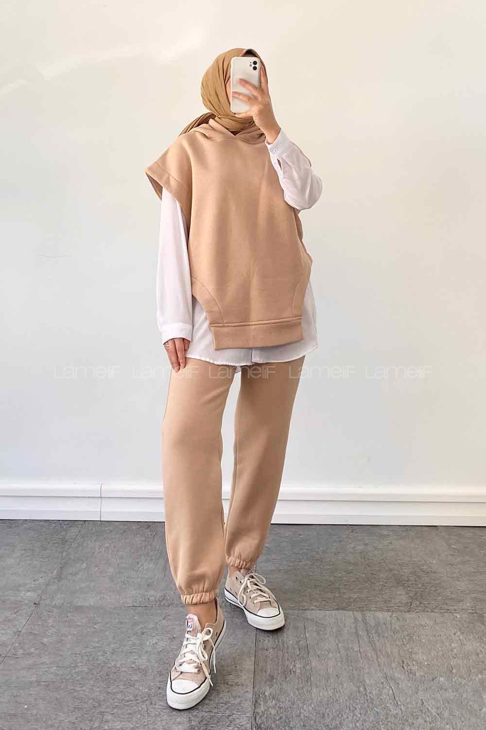 Brown With Milk Hood Neck Zero Arm Cotton Fabric Elastic Trousers Comfortable Suit