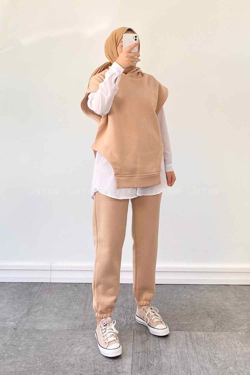 Brown With Milk Hood Neck Zero Arm Cotton Fabric Elastic Trousers Comfortable Suit