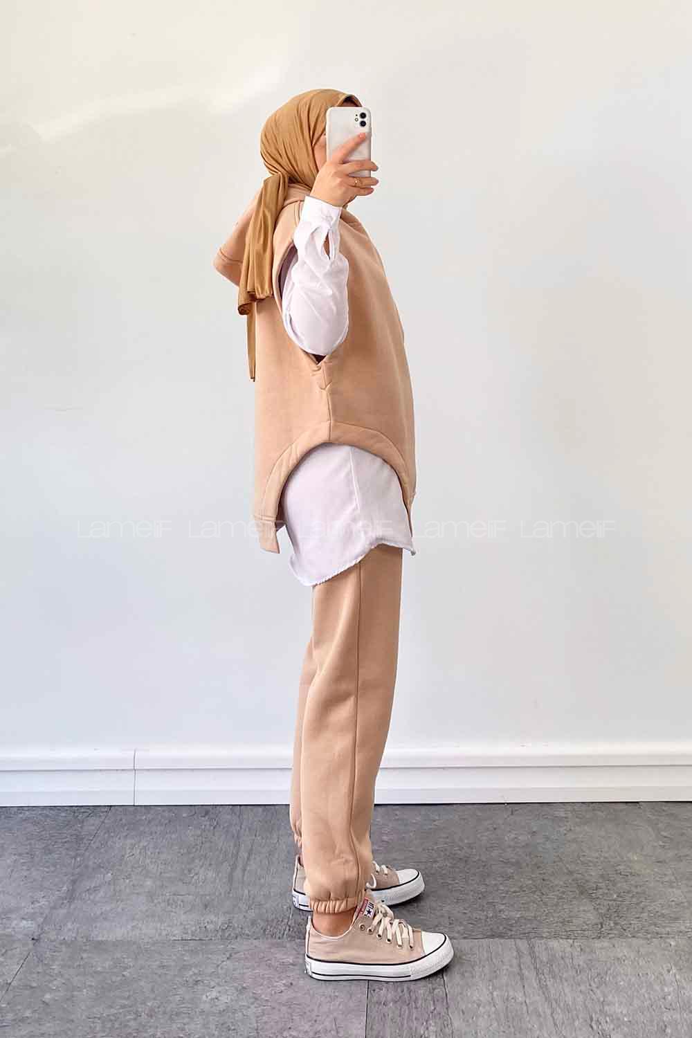Brown With Milk Hood Neck Zero Arm Cotton Fabric Elastic Trousers Comfortable Suit
