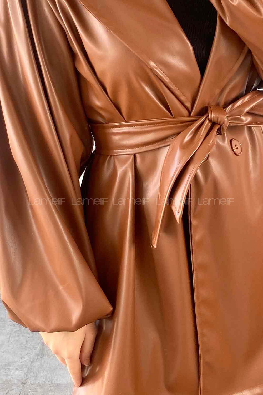 Lamelif Kruvaze Yaka Deri Mont Kahve