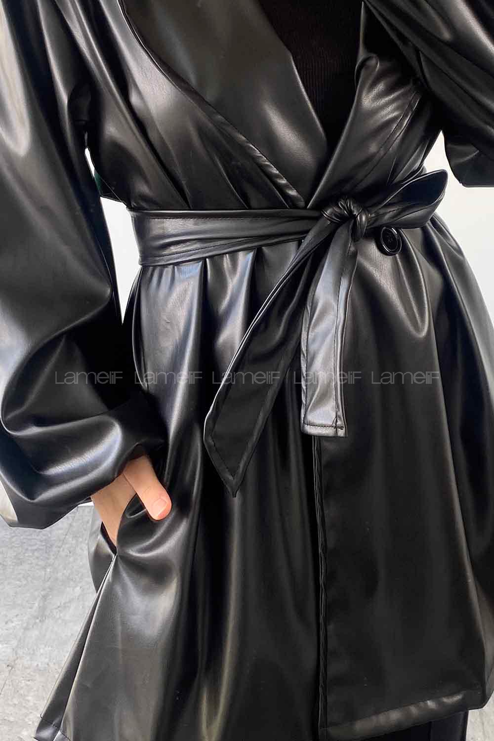 Lamelif Kruvaze Yaka Deri Mont Siyah