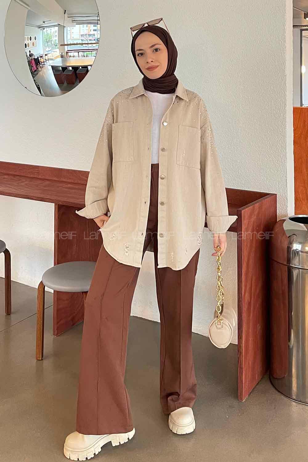 Modalamelif Lazer Kesim Detaylı Taşlı Gömlek Bej
