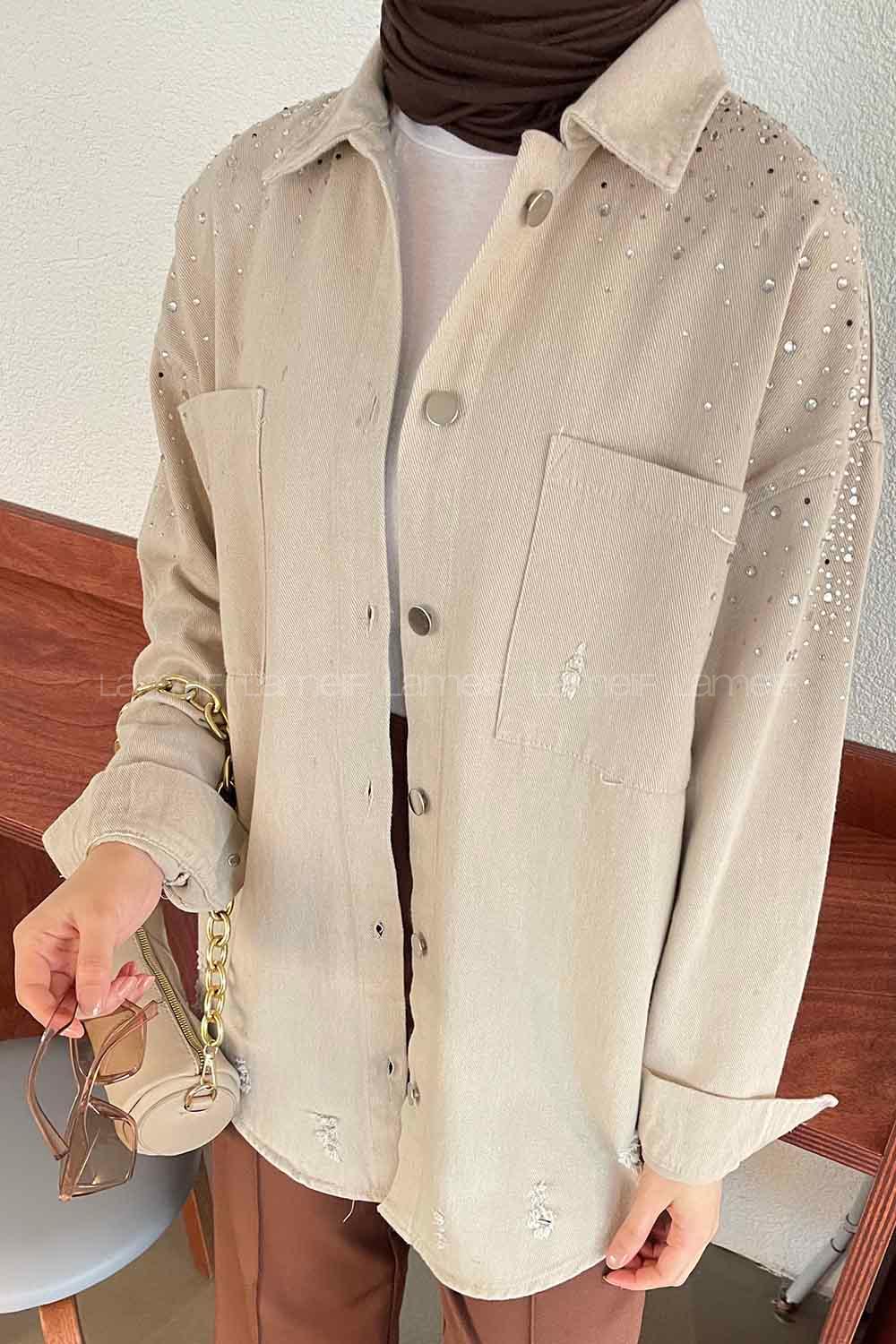 Modalamelif Lazer Kesim Detaylı Taşlı Gömlek Bej