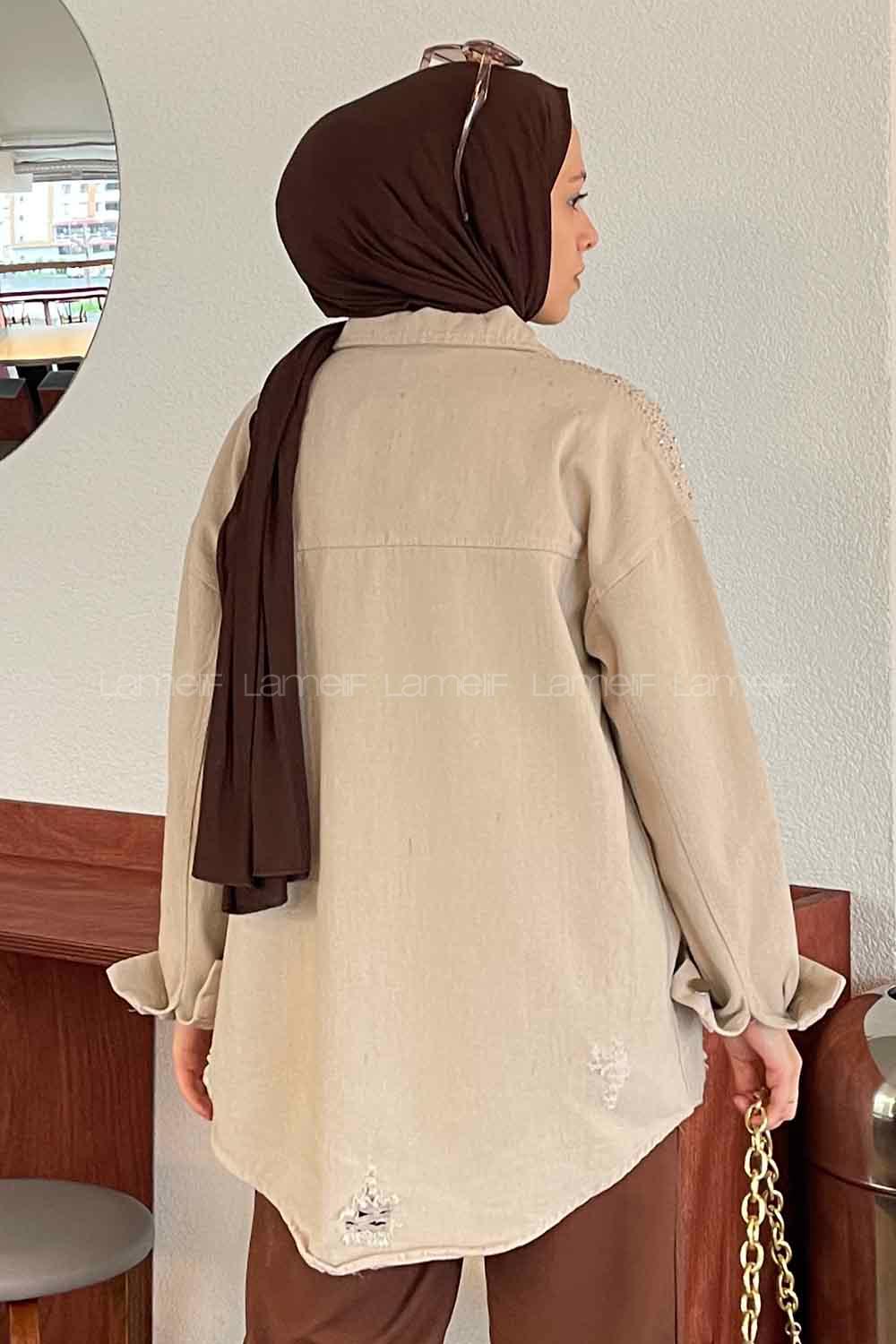 Modalamelif Lazer Kesim Detaylı Taşlı Gömlek Bej