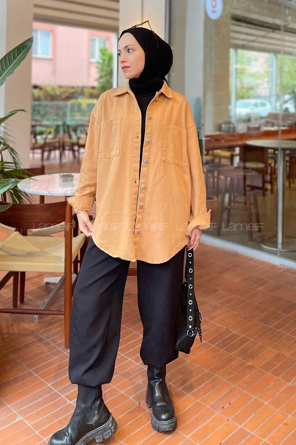 Lamelif Parice Arka Detay Püsküllü Gömlek Camel