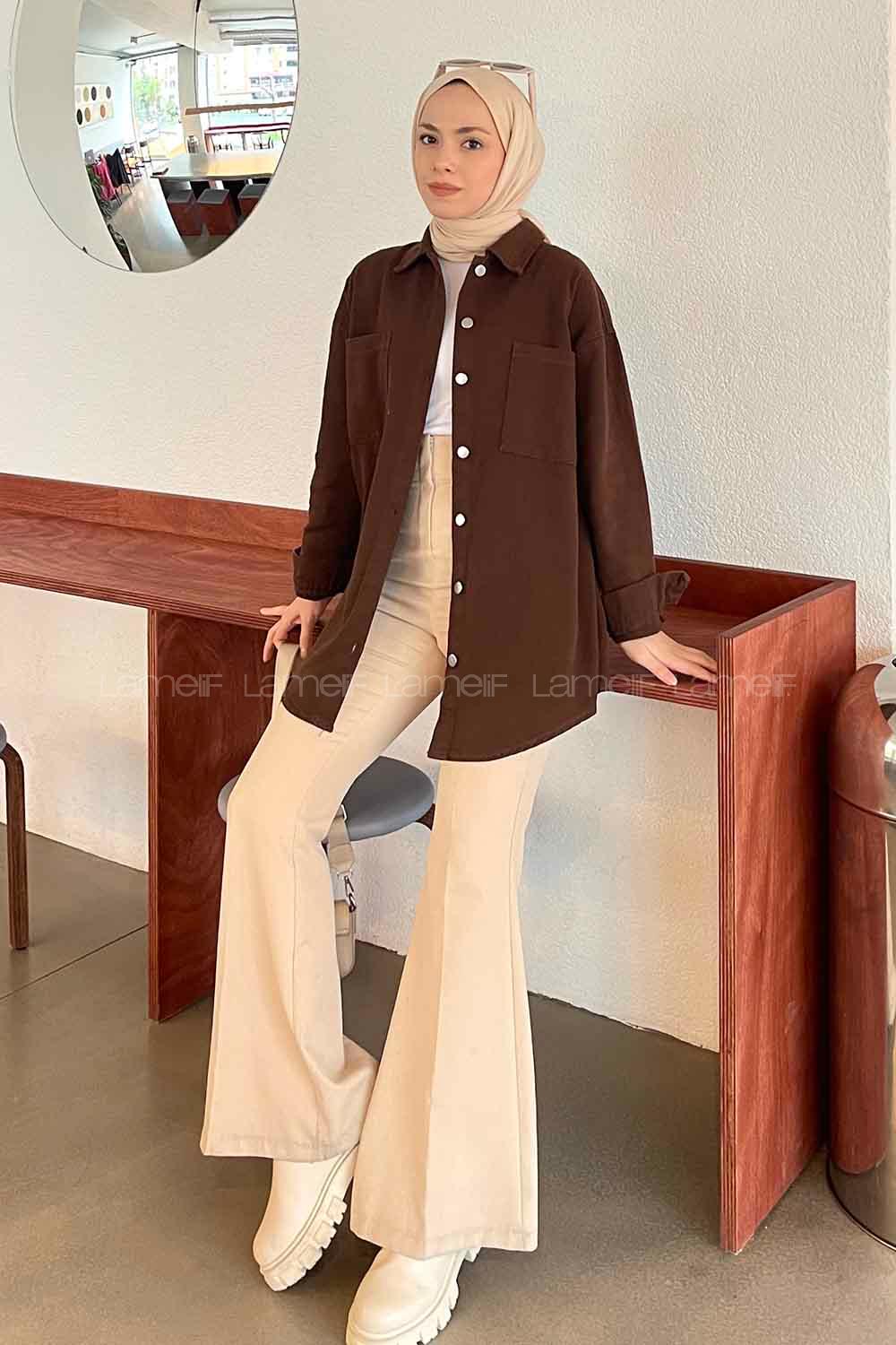Lamelif Parice Arka Detay Püsküllü Gömlek Kahverengi