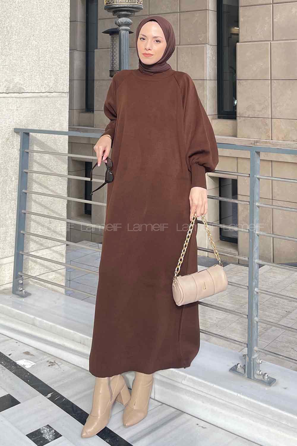 Bitter Brown Crew Neck Knitwear Unprinted Dresess