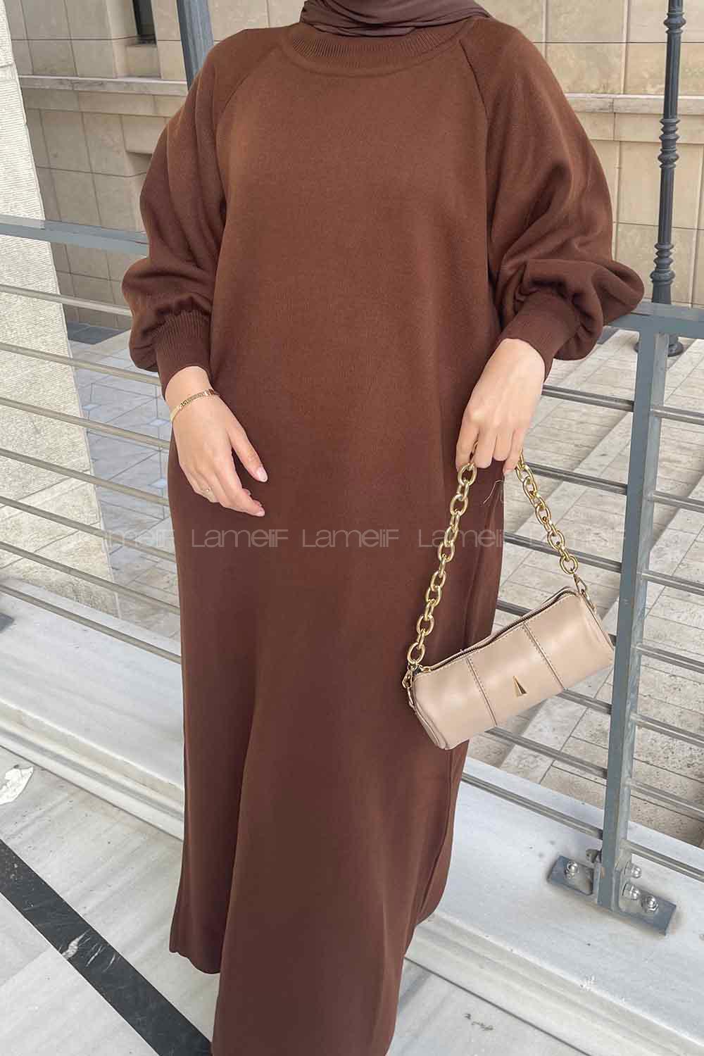 Bitter Brown Crew Neck Knitwear Unprinted Dresess