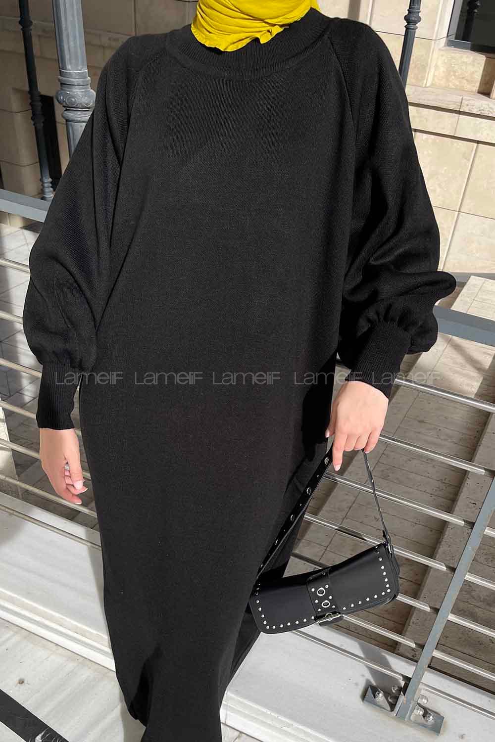 Lamelif Balon Kol Triko Tesettür Elbise Siyah