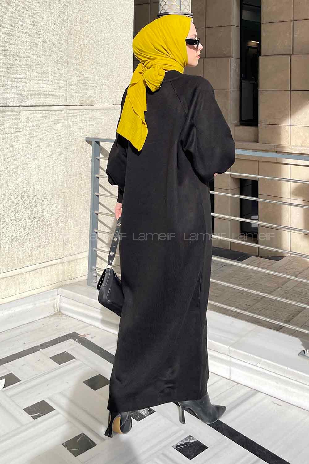 Lamelif Balon Kol Triko Tesettür Elbise Siyah