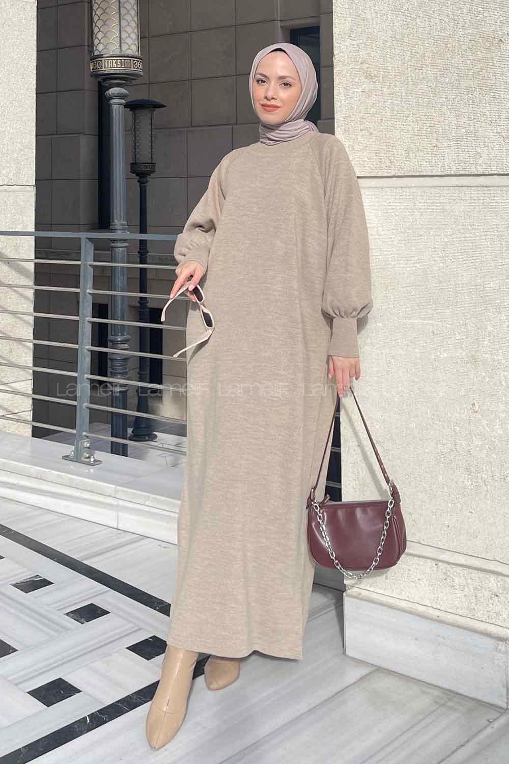 Lamelif Balon Kol Triko Elbise Vizonrengi