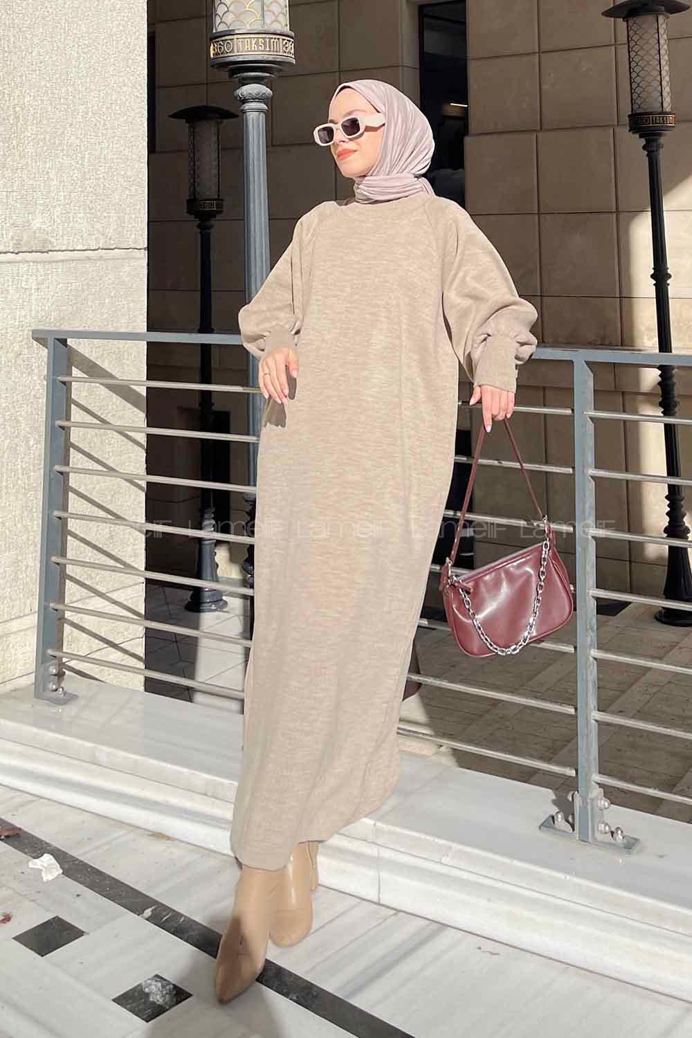 Lamelif Balon Kol Triko Elbise Vizonrengi