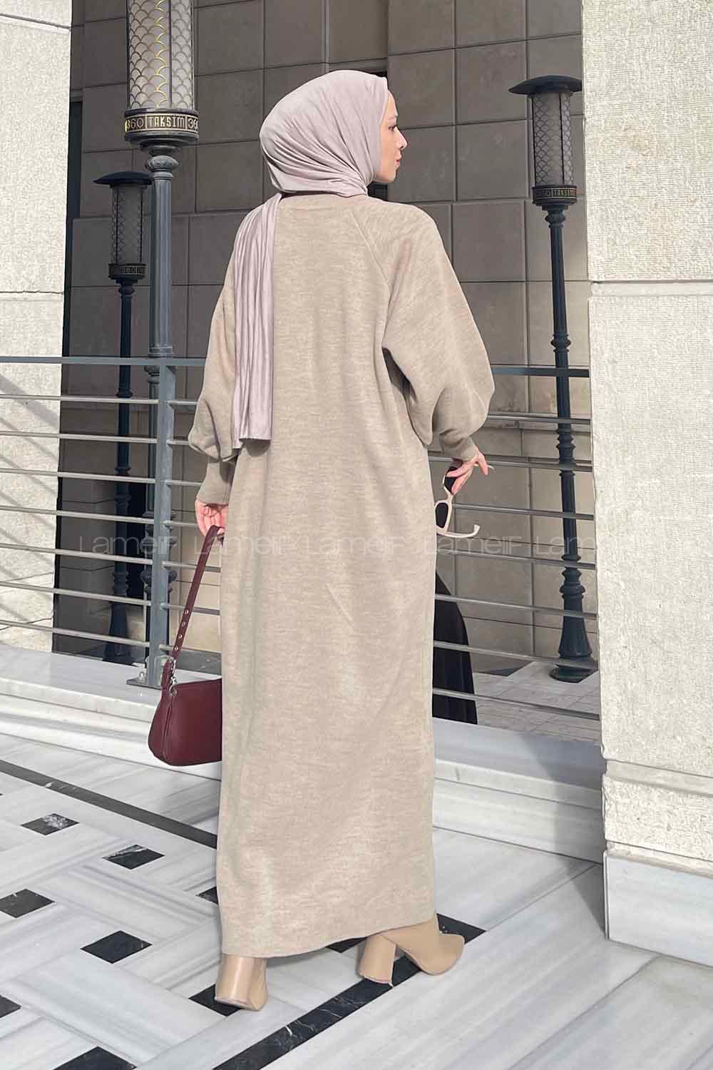 Lamelif Balon Kol Triko Elbise Vizonrengi