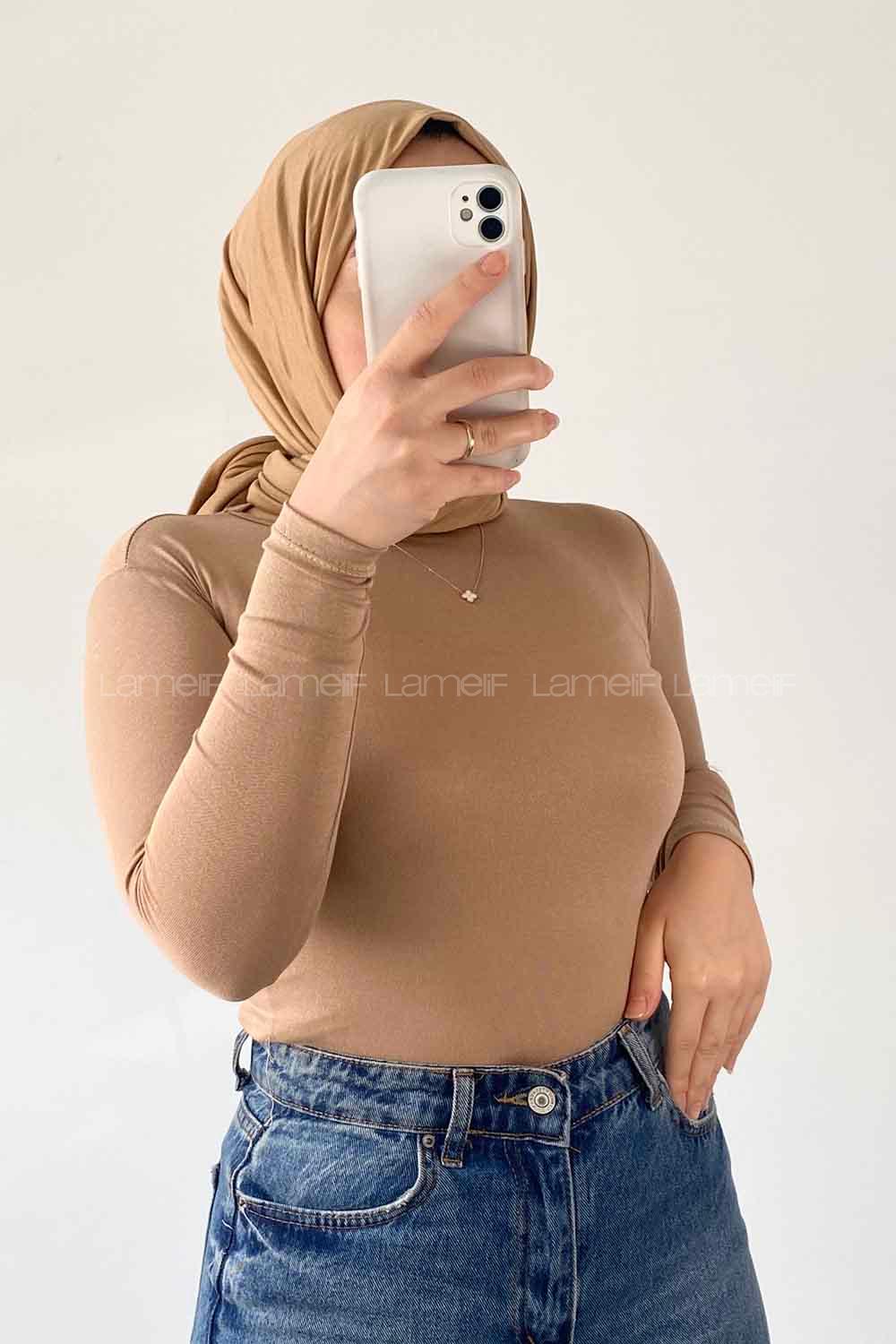 Lamelif Bisiklet Yaka Düz Renk Body sütlü kahve