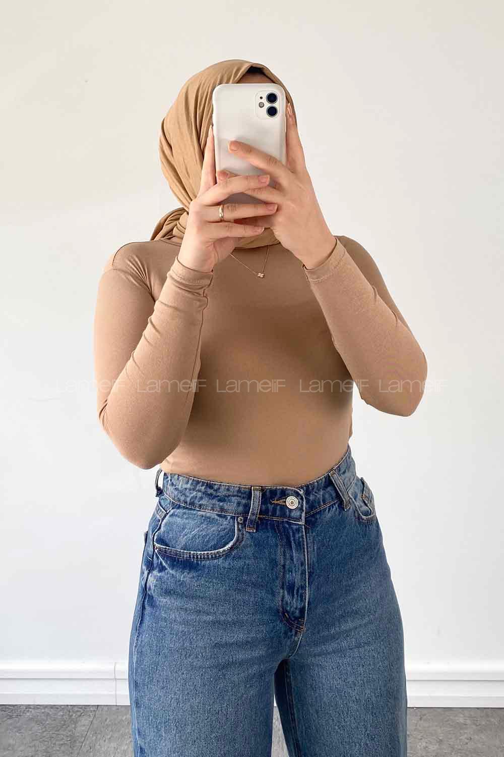 Lamelif Bisiklet Yaka Düz Renk Body sütlü kahve