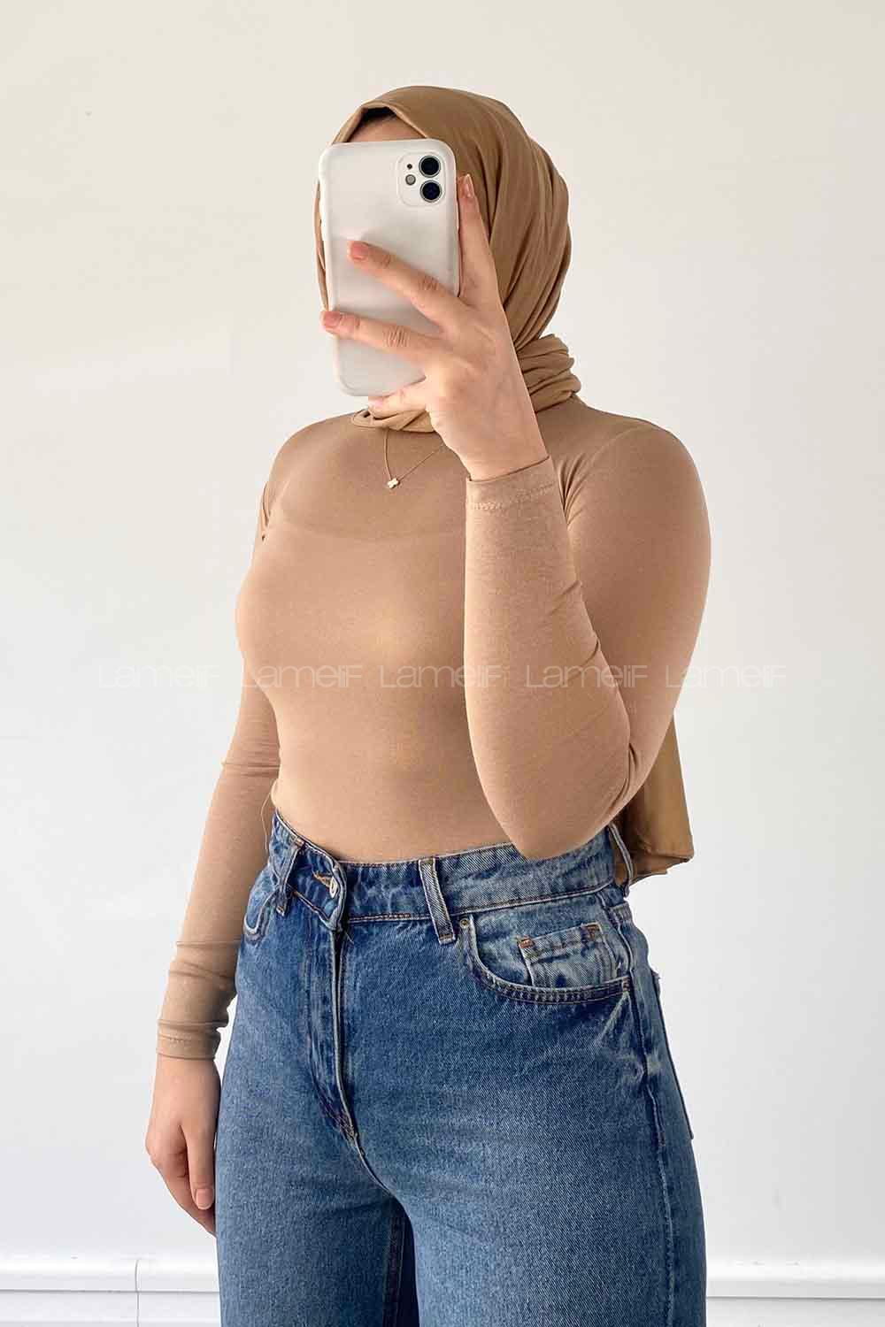 Lamelif Bisiklet Yaka Düz Renk Body sütlü kahve