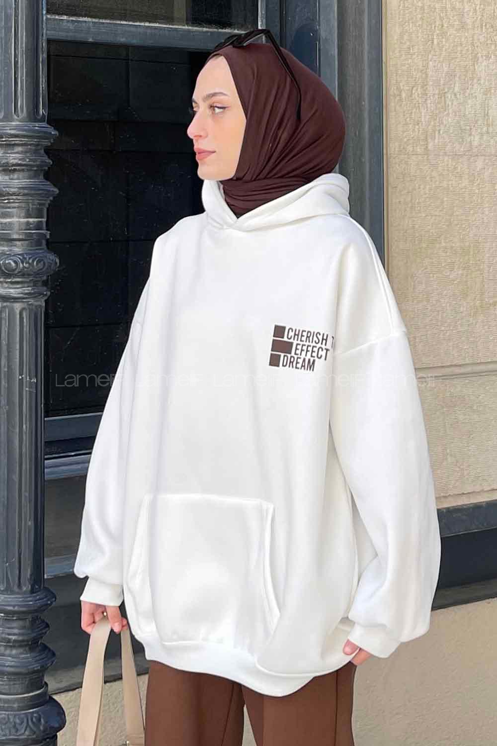 White Hood Neck Long Arm Printed Sweatshirt
