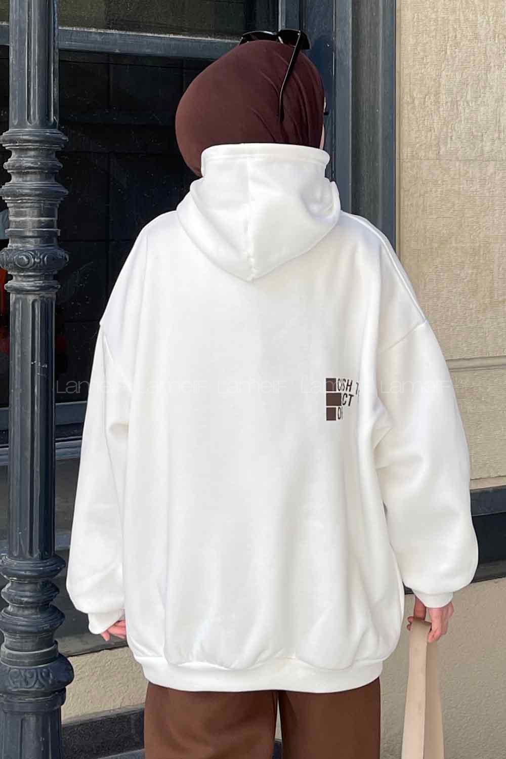 White Hood Neck Long Arm Printed Sweatshirt